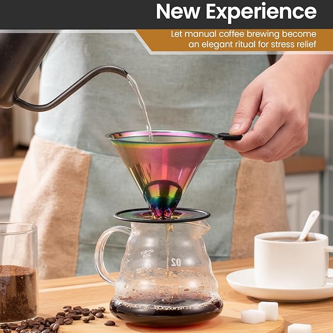 【2.0 Upgraded】 Stainless Steel Pour Over Coffee Filter, Paperless Reusable Coffee Dripper With Non-Slip Ring&Handle, Easy-to-Use and Easy-to-Clean Design, Large Size (1–6 Cup)