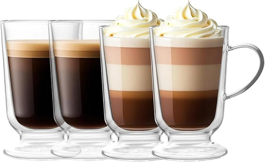 NIRA.Z 12.5 OZ Double Walled Glass Coffee Mugs with Handle Set of 4 Clear Insulated Irish Coffee Cups Hand Blown Glass Cups for Hot Cold Beverages, Cappuccino, Latte, Tea, Espresso, Juice, Americano