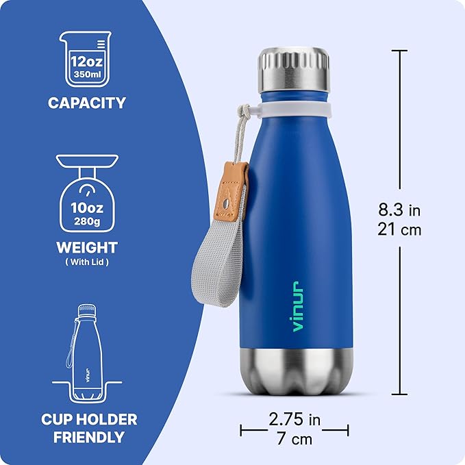 VINUR Kids Water Bottle-12 oz Stainless Steel Double Wall Vacuum Insulated Water Bottle for School-Cola Shape Flask with Carry Rope(Navy)