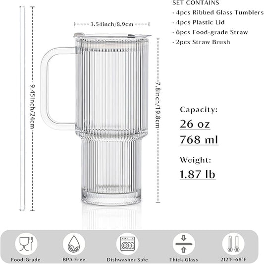 INSETLAN 26oz Ribbed Glass Tumbler with Handle & Lid – 4-Pack Large Iced Coffee Cups with Straws, Modern Glass Mug for Cold & Hot Beverages, Aesthetic Travel Cup for Smoothies, Tea, and Juice
