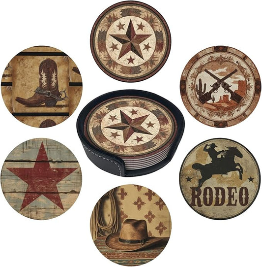 Western Cowboy Coasters for Drinks with Holder Round Leather Coasters Set of 6 Cups Mugs Mat Pad for Home Kitchen Bar
