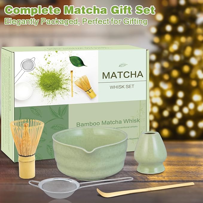 Matcha Whisk Set, Premium Ceramic Matcha Bowl with Spout, Bamboo Whisk, Chasen Holder, Sifter, Scoop, Complete Tea Making Kit for Matcha Lovers, Beginner Starter Set Valentine's Day Gift, Green