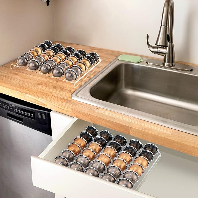 SUMERFLOS 2-Sets Coffee Pod Holder Storage Tray Compatible with Vertuoline Capsule, Drawer Insert Organizer Holds 60 Pods Drawer of Kitchen, Home, Office - Clear