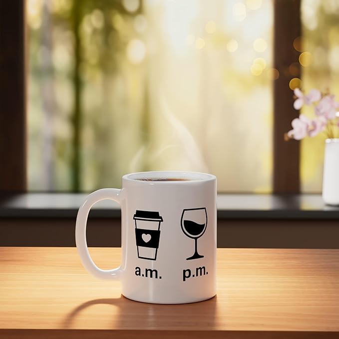 Coffee AM Wine PM - Funny Minimalist Coffee Wine Lover Ceramic Mug, White