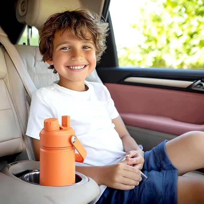 Kids Insulated Water Bottle with Straw - 12oz Stainless Steel Water Bottle with Dual Spouts, Leak-Proof, BPA-Free, Double Wall Vacuum Keeps Cold for 24 Hours for Sports, Travel, School (Indian Khaki)
