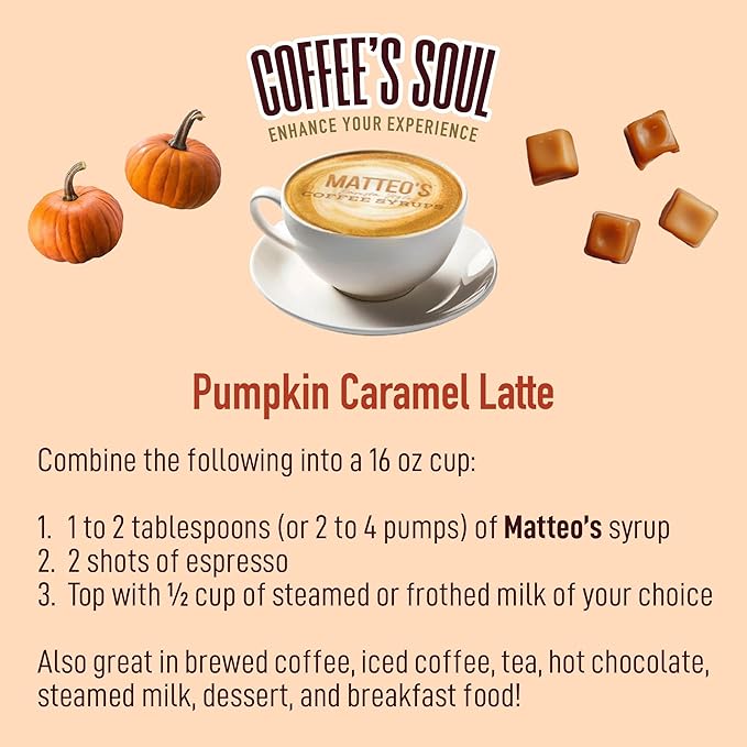 Matteo's Pumpkin Caramel Syrup for Coffee, Lattes, Cappuccinos & Desserts – Sugar-Free Sweetener for Beverages, Keto Friendly, Zero Calories, Indulgent Flavor, Non-Alcoholic, 33.8oz (1pk)