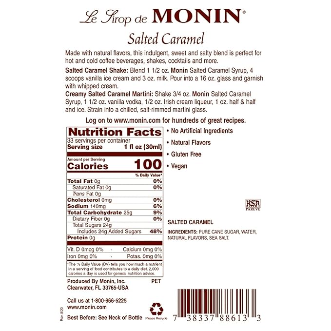 Monin - Salted Caramel Syrup, Natural Flavors, Great for Mochas, Lattes, Smoothies, Shakes, and Cocktails, Non-GMO, Gluten-Free (1 Liter)