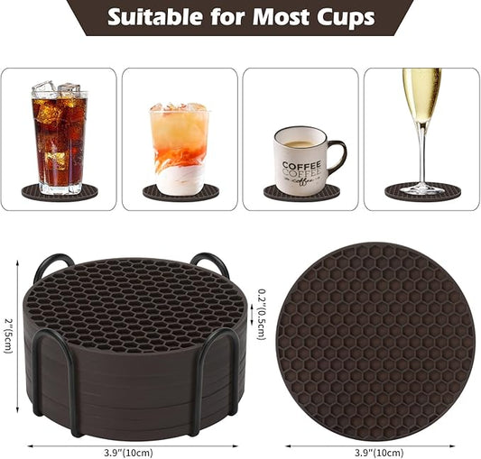 Silicone Coasters Set of 16 with Holder, Drinks Coasters, Coffee, Anti-Slip, Non-Stick, Anti-Overflow Tabletop Protection and Decor (Coffee, 16 Pcs)