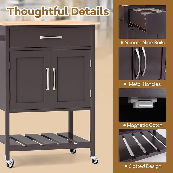 Giantex Rolling Kitchen Island Cart, Mobile Serving Cart with Drawer, 2-Door Storage Cabinet, Storage Shelf, Towel Rack, Food Prep Utility Cart on Wheels for Dining Room, Living Room (Brown)