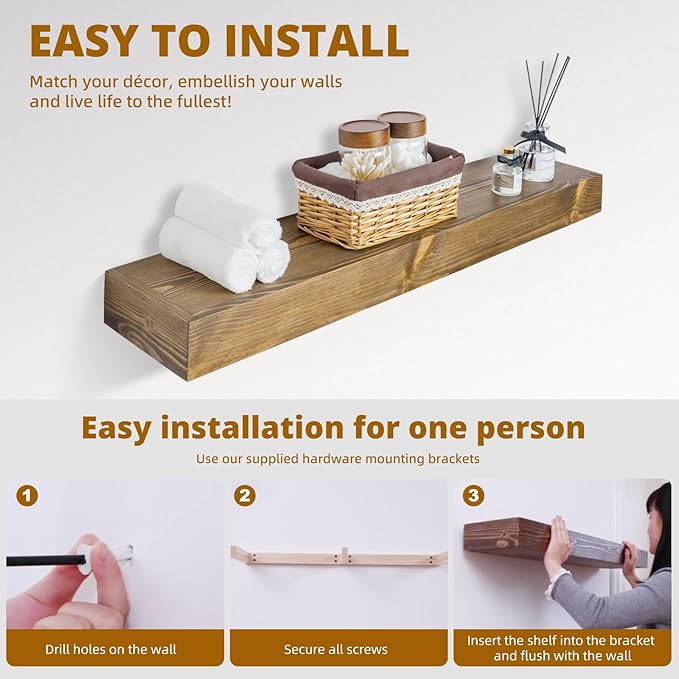 Floating Shelves 24 inch for Wall Set of 2,3 inch Thick Pine Wood Wall Mount Shelf for Kitchen Living Room Bedroom Bathroom,8" D x 24" L x 3" H-Dark Walnut