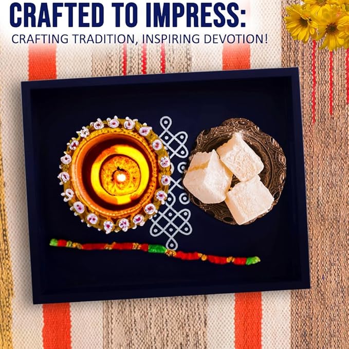 Coffee Table Tray - Decorative Trays for Home Decor - Serving Trays with Handles for Kitchen - Decor Tray - Indian Return Gift, Diwali, Pooja - 10" X 8" X 2" Size, in Blue and Brown (1, Blue)