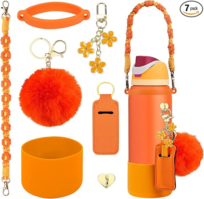 Compatible for Owala Accessories Bundle: Silicone Boot for 24oz & 32oz Bottles, Charms,Handle,Strap,Rubber Bottoms, and Decorative Add-ons for Your Compatible for Owala Water Bottle,Citrus Crush