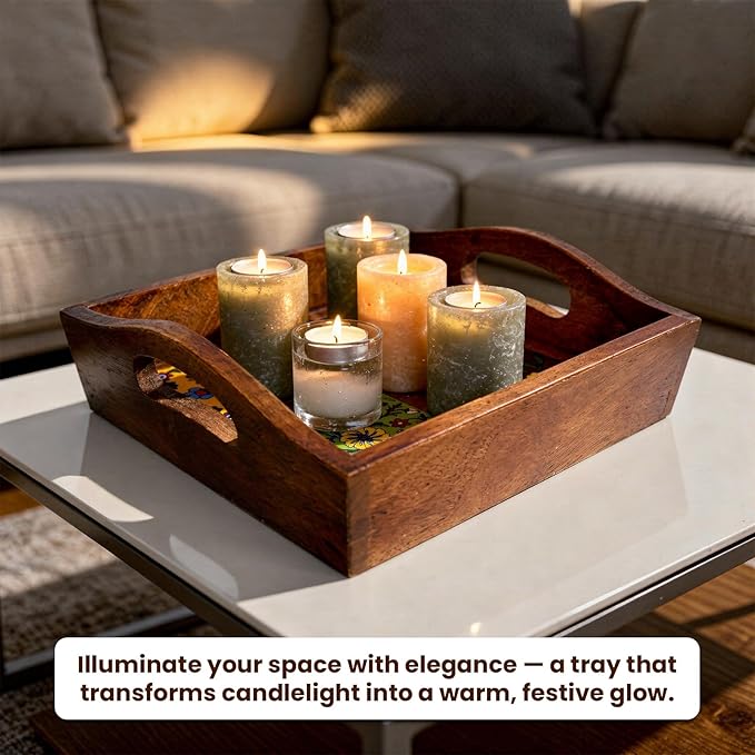 Craft Trade Mango Wood Serving Tray with Handle and 4 Fitted Floral Ceramic Tiles Wooden Platters Perfect for Breakfast Tea Coffee Snacks Dinner 23x23x8 cm Square