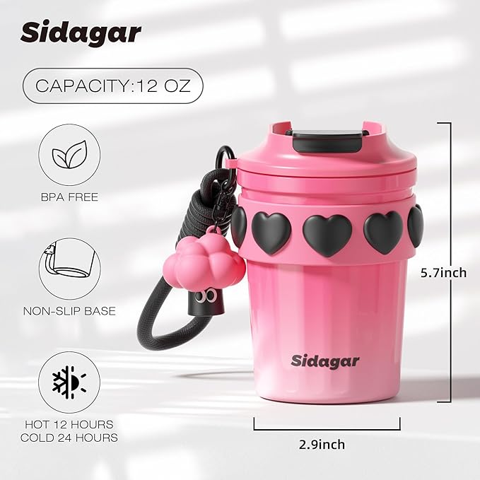 12 oz Travel Coffee Mug Spill Proof Leak Proof, Stainless Steel Thermal Coffee Cup with Lid, Resuable Cup for Hot and Cold, Portable Tumbler for Women, Pink