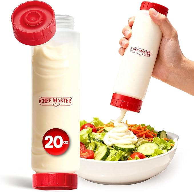 Chef Master Squeeze Bottles for Sauces (20oz) - Inverted, FIFO Refillable Bottle - Condiment Squeeze Bottles for Liquids, Sauces, Batter & Dressing - Made for Restaurants, Diners & Food Trucks - 90291