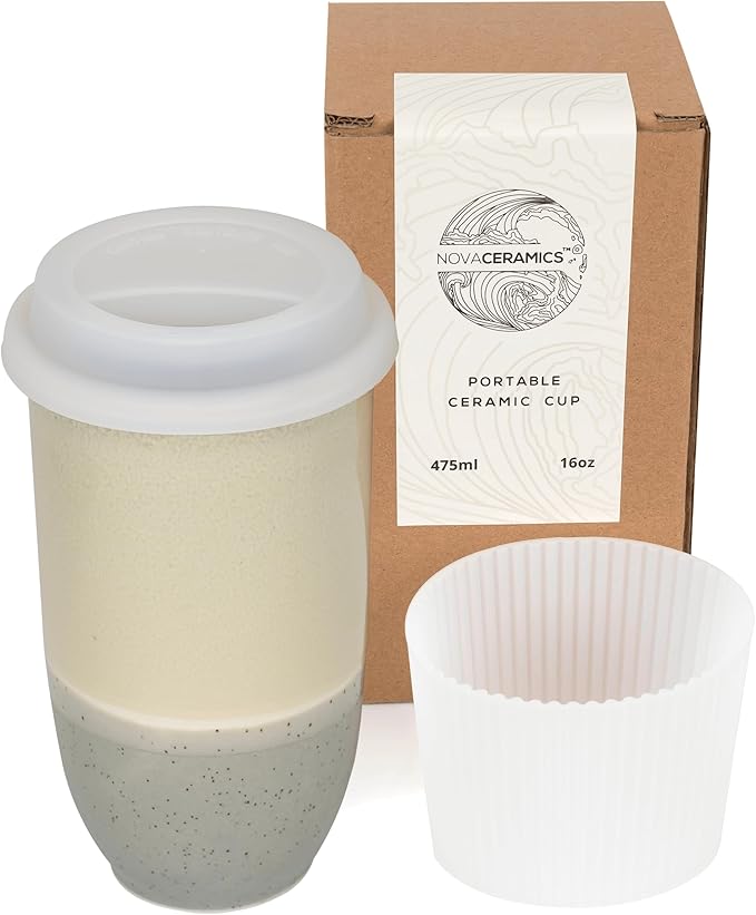 NOVA CERAMICS Travel Mug - Ceramic Coffee Mug With Lid – Microwave & Dishwasher Safe Coffee White & Grey Tumbler - Gifts For Women Men Him Her – 16oz – Mist