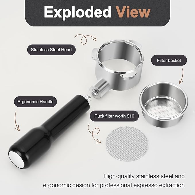 54mm Bottomless Portafilter Compatible with Breville BES870/880 & Solis etc., 3-Ear Stainless Head