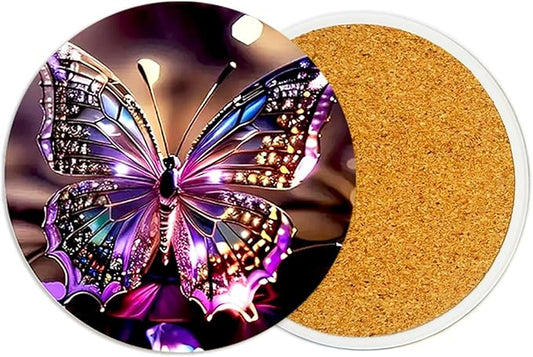 2Pack Colorful Butterfly Ceramic Coasters Absorbent Coasters for Drinks with Cork Base,Coaster for Table Office Desk Decor Coffee Cup Wine Beer Bar Cup Mat 3.9 Inch,Butterfly Gifts for Women,Men,Dad