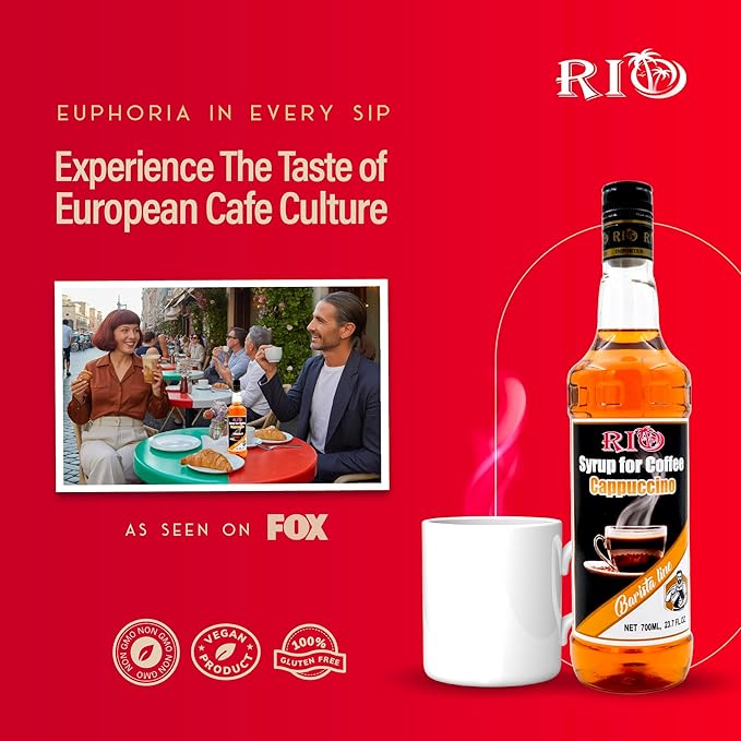 RIO Cappuccino Coffee Syrup for Hot or Iced Drinks and Desserts, Rich and Creamy Flavoring Sweetened with Pure Cane Sugar, Barista-Grade Flavor Syrups For Coffee Drinks at Home & Work - 700ml
