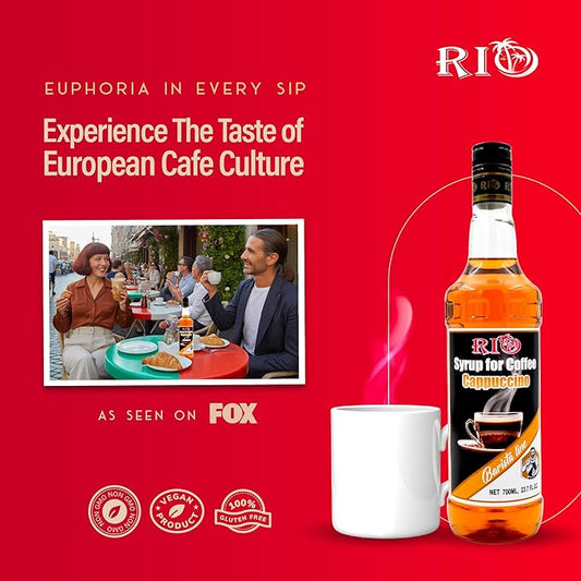 RIO Cappuccino Coffee Syrup for Hot or Iced Drinks and Desserts, Rich and Creamy Flavoring Sweetened with Pure Cane Sugar, Barista-Grade Flavor Syrups For Coffee Drinks at Home & Work - 700ml
