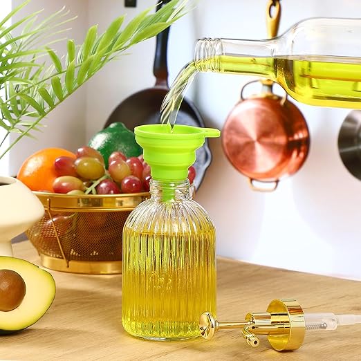 LemonRoad 4 Pcs Coffee Syrup Dispenser for Coffee Bar 10oz Glass Syrup Pump Dispenser with Gold Pump, Gold Scoop and Funnel for Bar Accessories