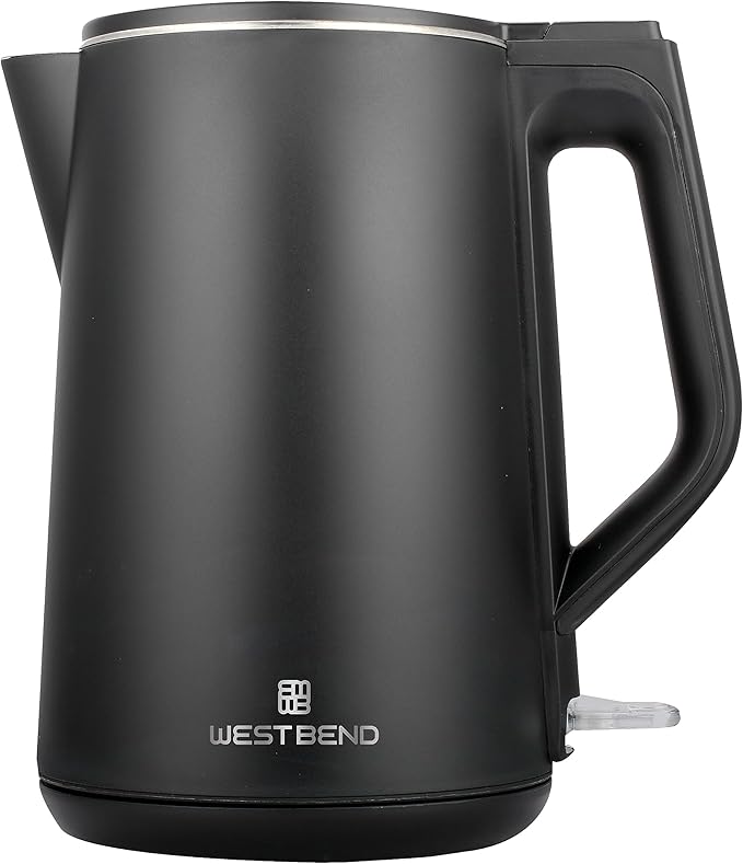 West Bend Electric Kettle Cordless Serving Features Stainless Steel Interior Boil Dry Protection and Auto Shut Off, 1.5-Liter, Black