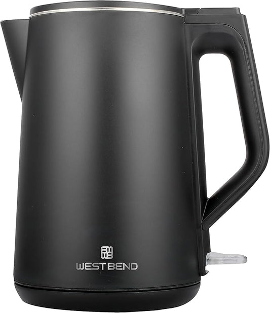 West Bend Electric Kettle Cordless Serving Features Stainless Steel Interior Boil Dry Protection and Auto Shut Off, 1.5-Liter, Black