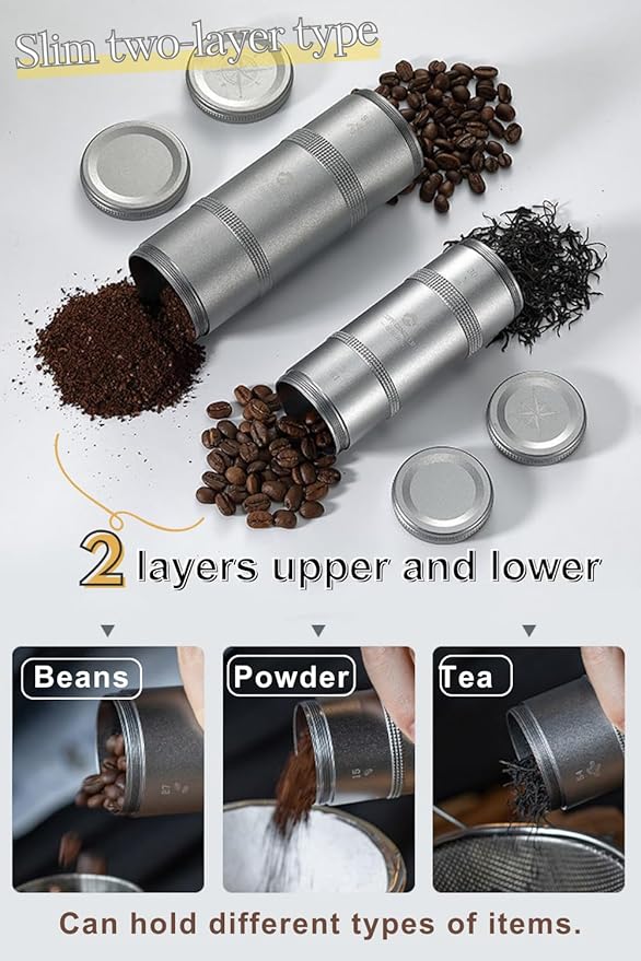 CAMPINGMOON 2-Layer Portable Coffee Bean Storage Canister Airtight Duralumin Coffee Travel Container Camping Lightweight Slim Mini Tea Caddy CNC Machined Metal Spice Jar S15g 30g CC-50-H