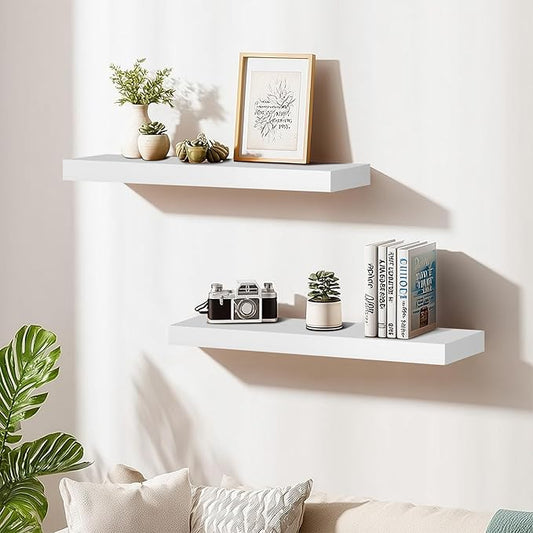 Floating Wall Shelves 30x6.8x1.7 Inch – Solid Wood Rustic Shelves in White Finish – Wall Mounted Heavy Duty Display Shelf for Kitchen, Bedroom, Living Room – Set of 2