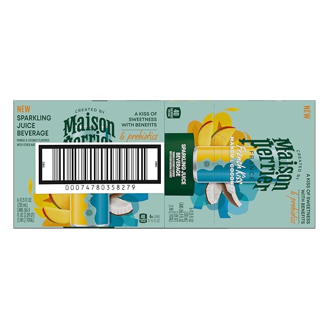 Maison Perrier French Kiss Sweetened Sparkling Juice Beverage, Mango & Coconut Flavors With Real Fruit Juices, 24Pk