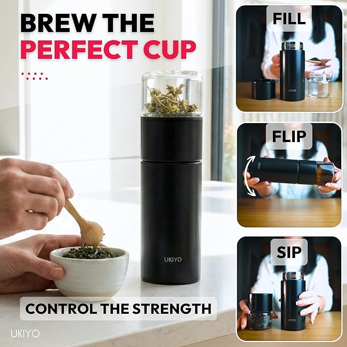 Ukiyo Steel Premium Stainless Steel and Glass Tea & Fruit Infuser Bottle - Travel Tumbler with Stainless Steel Filter