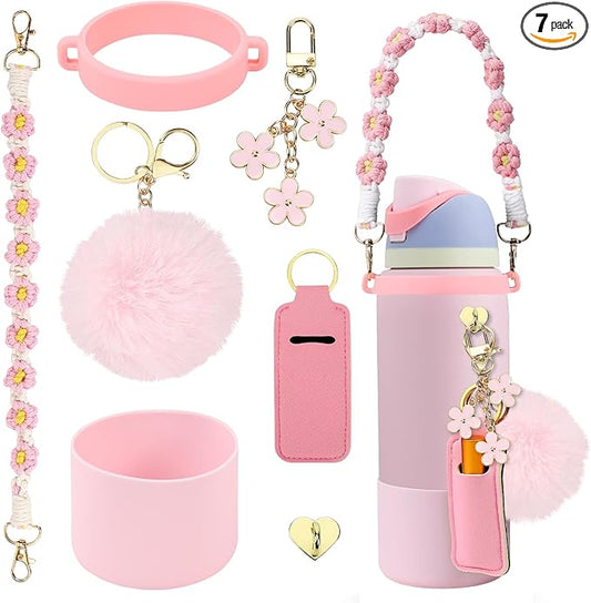 Compatible for Owala Accessories Bundle: Silicone Boot for 24oz & 32oz Bottles, Charms, Handle, Strap, Rubber Bottoms, and Decorative Add-ons for Your Compatible for Owala Water Bottle, Pink