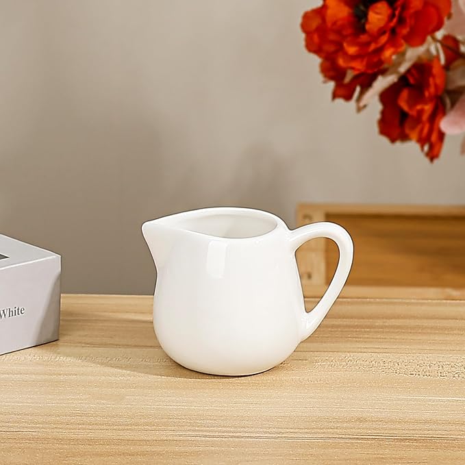 Koythin 2-Piece Ceramic Small Coffee Creamers, Tiny Creamer Pitcher for Milk Sauces Chocolate Jam, Adorable White Milk Pitchers for Parties Afternoon Tea, Mini Salad Dressing Container (2.9 oz/85 ml)