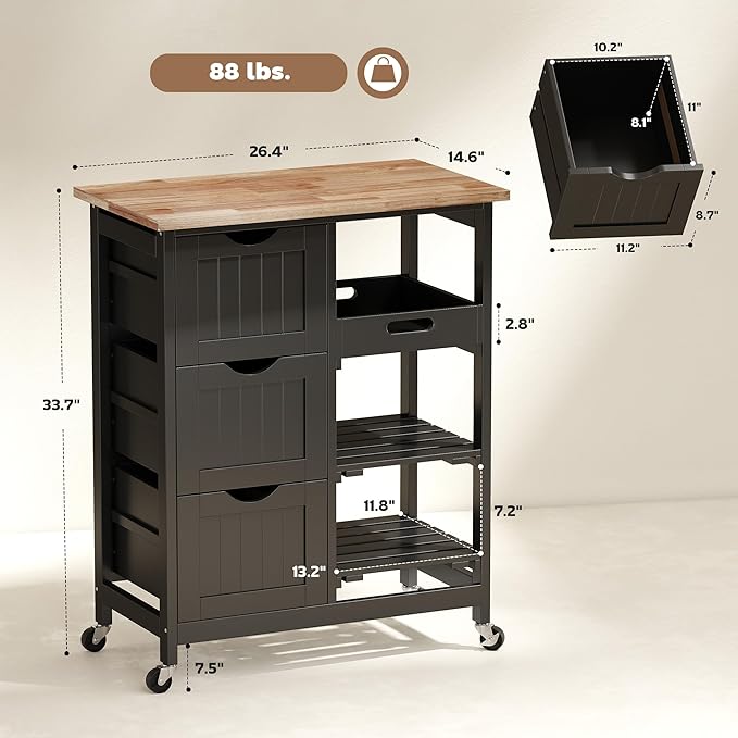 HOMCOM Rolling Kitchen Island Cart, Bar Serving Cart, Compact Trolley on Wheels with Wood Top, Shelves & Drawers for Home Dining Area, Black