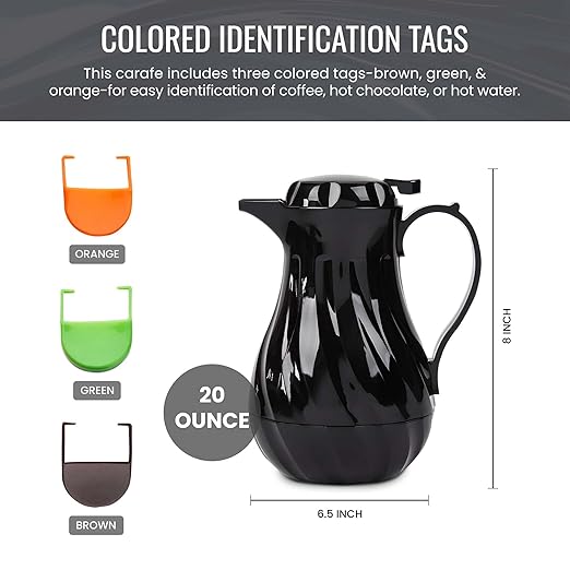 OCS Parts Set of 6 Easy Pour Thermal Coffee Carafes | 8-Inch Insulated Hot and Cold Beverage Pitcher Server for Coffee, Tea, Hot Chocolate and Water | 20-Ounce | Black
