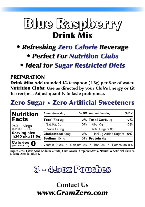 GramZero Blue Raspberry Zero Calorie Sugar Free Drink Mix, Great For Nutrition Club Loaded Teas, Stevia Sweetened