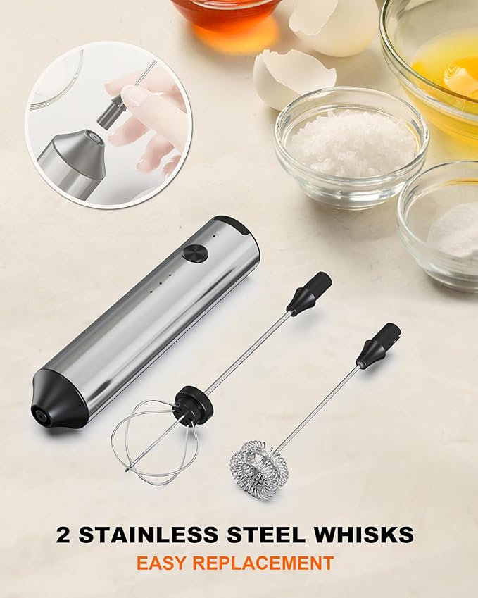 Rechargeable Milk Frother with Stand, Handheld 3-Speeds Coffee frother with 2 Whisks, Electric Frother Wand for Coffee, Latte, Cappuccino, Hot Chocolate, Matcha and Egg Mini Frother, Silver