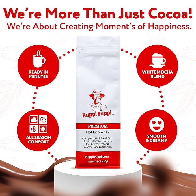 Happi Pappi - Premium Hot Cocoa Mix, Dairy-Based Rich and Creamy Chocolate Powder for Drinks & Baking, Indulgent Cacao Treats for Cozy Nights and Warm Beverages, 16 oz Bag – White Mocha Flavor