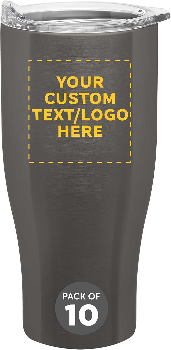 Custom Stainless Steel Grip Travel Mugs 27 oz. Set of 10, Personalized Bulk Pack - Perfect for Coffee, Soda, Other Hot & Cold Beverages - Smoke