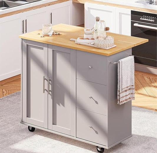 SUNLEI Kitchen Island on Wheels with Storage Cabinet & Foldable Drop Leaf, Rolling Kitchen Table, Cart Handle for Towel Rack, Drop Leaf, Portable Islands for Kitchen (Cement Gray, 39.7-INCH)