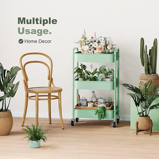 3 Tier Rolling Storage Cart Metal with Wheels, Green Baby Diaper Caddy Carts, Three Tiered Craft Cart Organizer on Wheels, Utility Roller Trolley for Art, Book, Snack, Office, Laundry, Bathroom Shelf