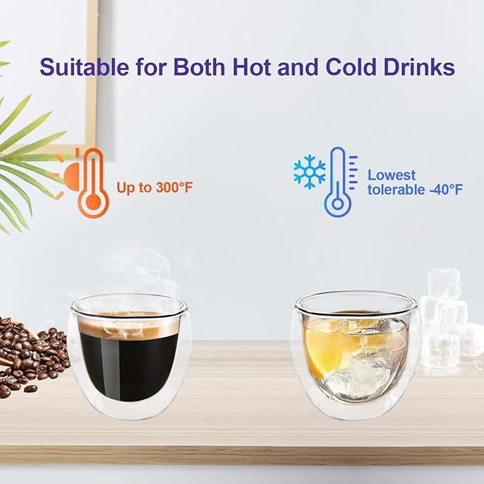 Double Wall Expresso Cups (Set of 2), 3 Ounce Glass Espresso Mugs - Clear, Double Walled, Insulated, Small Demitasse Cups for Espresso Machine - Microwave Safe