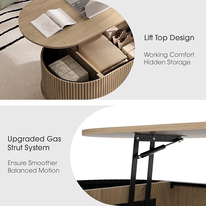 42.5" Oval Lift Top Coffee Table with Storage, Modern Oak Center Table with Fluted Design, Solid Wood Legs & Hidden Compartment, Pop Up Cocktail Table for Living Roomm