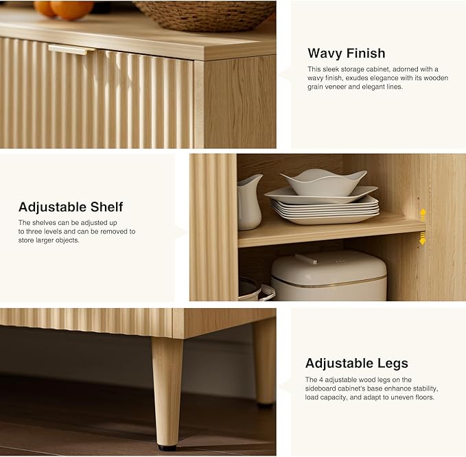 Coffee Bar Cabinet with Storage, Modern Sideboard with Drawers, Shelves, Outlet and Fluted-Door for Kitchen, Dinning Room, Living Room, Natural