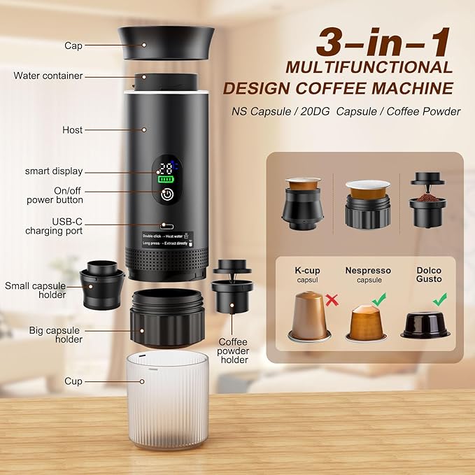 Portable Battery Espresso Coffee Maker for Travel, 20 bar Smart Display Mini Car Espresso Machines, 3-in-1 Self-Heating Electric Espresso Maker, USB-C Ground Coffee & Capsule Pod(Ns&DG) RV, Hiking