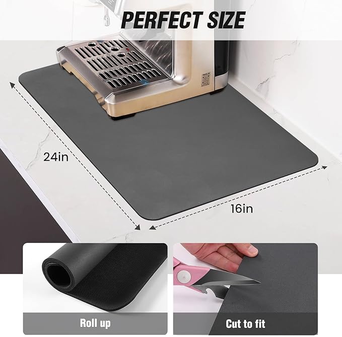 DK177 Coffee Mat - Dish Drying Mat for Kitchen Counter, Hide Stain, Absorbent with Waterproof Rubber Backing, Fit Kitchen Dish Rack Bar Accessories (Dark Gray, 24" x 16")