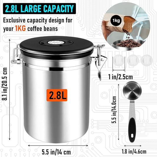 Coffee Canister Airtight 35OZ Large, Coffee Storage Container Stainless Steel Air Tight Coffee Jar with Scoop, Date Tracker and CO2 Release Valve for Beans, Ground, Tea, Flour, Cereal and Sugar, 2.8L