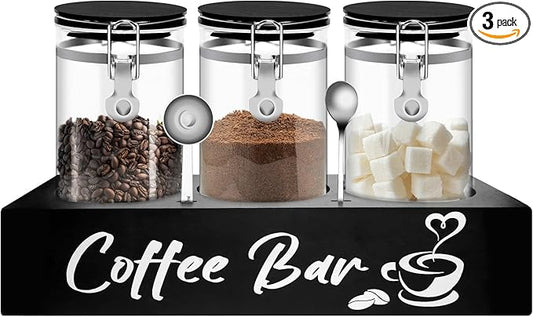 Glass Coffee Containers with Shelf Coffee Station Organizer 54oz Black Glass Coffees Bean Storage Canister with Spoon Coffee Canister Set Kitchen Food Storage Jars for Coffee/Sugar/Candy