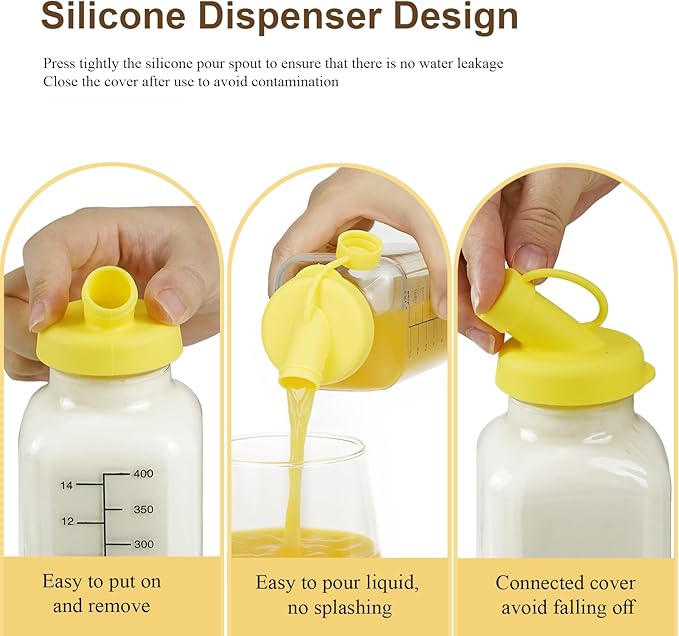 16 oz Glass Milk Bottles with Pour Dispenser, Reusable Juice Bottles with Airtight Lid for Fridge, Glass Pitchers with Scale, Gift for a New Mother [4 Pack]