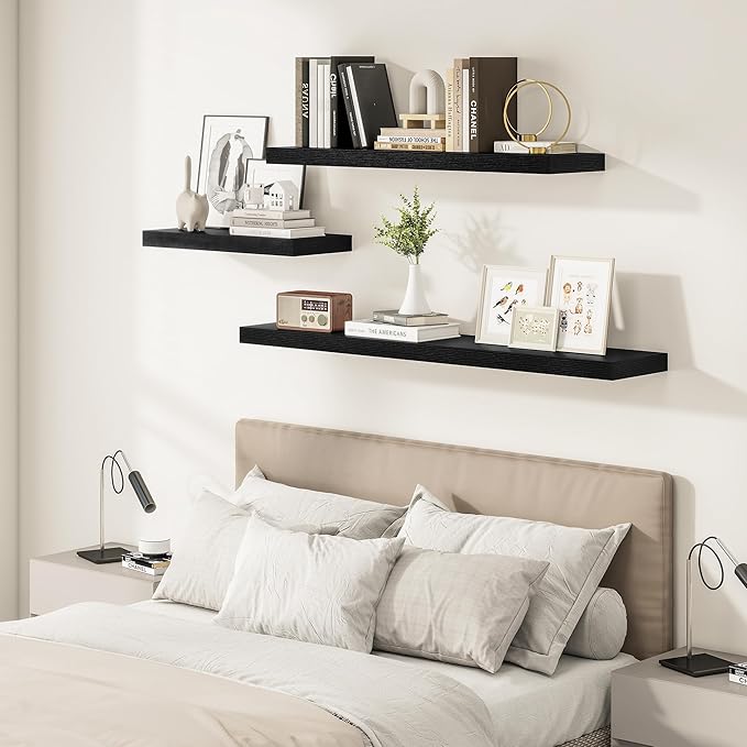 Vivelove 2 inch Thick Floating Shelves for Wall 55 Inches Long, 12" Deep Wall Shelves, for Bedroom, Bathroom, Living Room, Kitchen, Office, Modern Home Decor, 48" X 12" X 2", Set of 2, Black